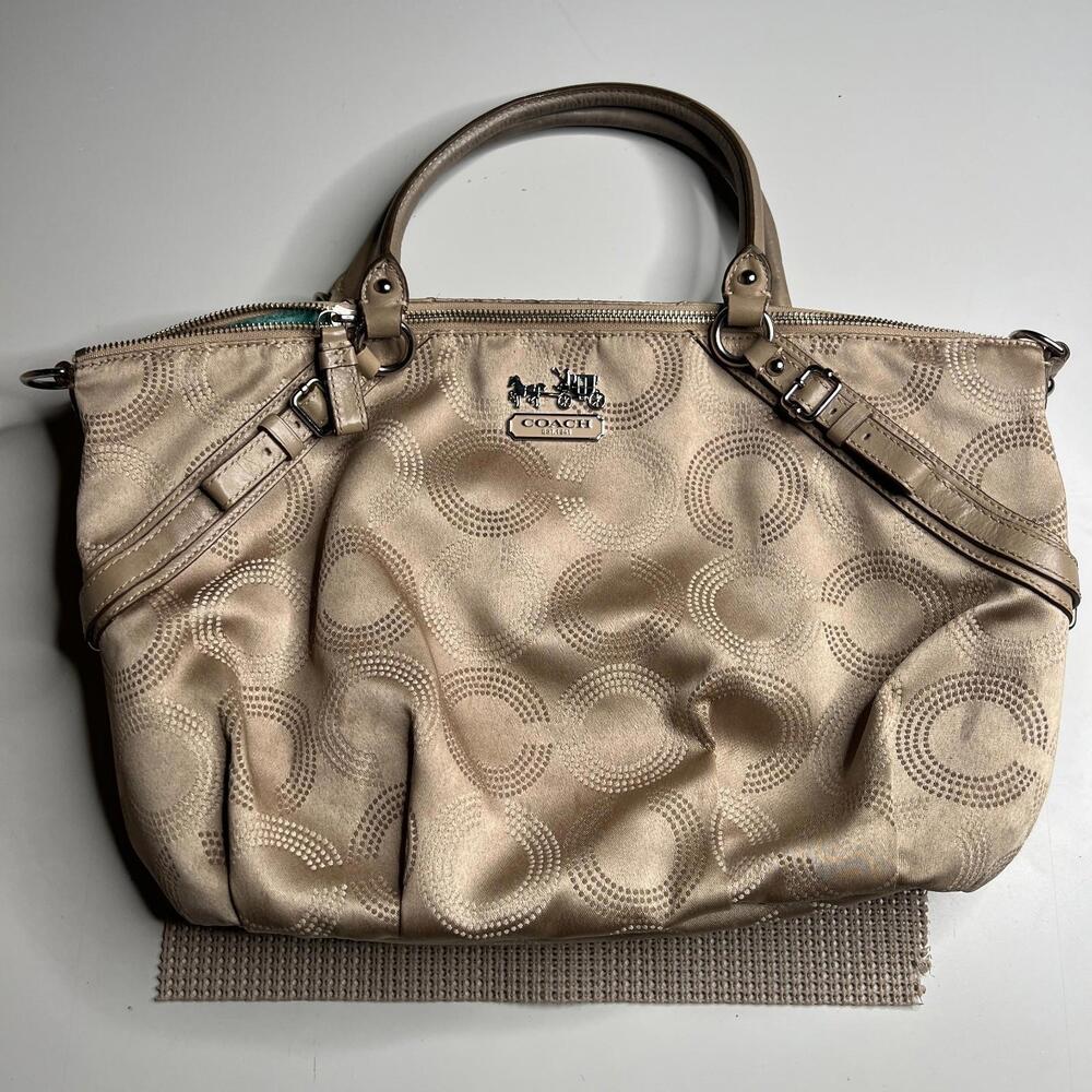 Coach Signature C Satin Tote Shoulder Bag Beige Tan Leather‎ Trim Large